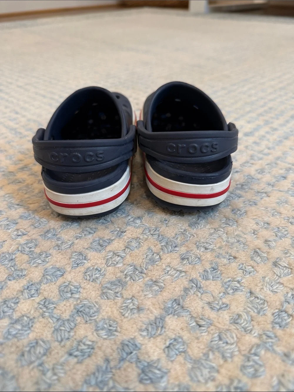 CROCS Kids Navy Clogs with Red and White Trim